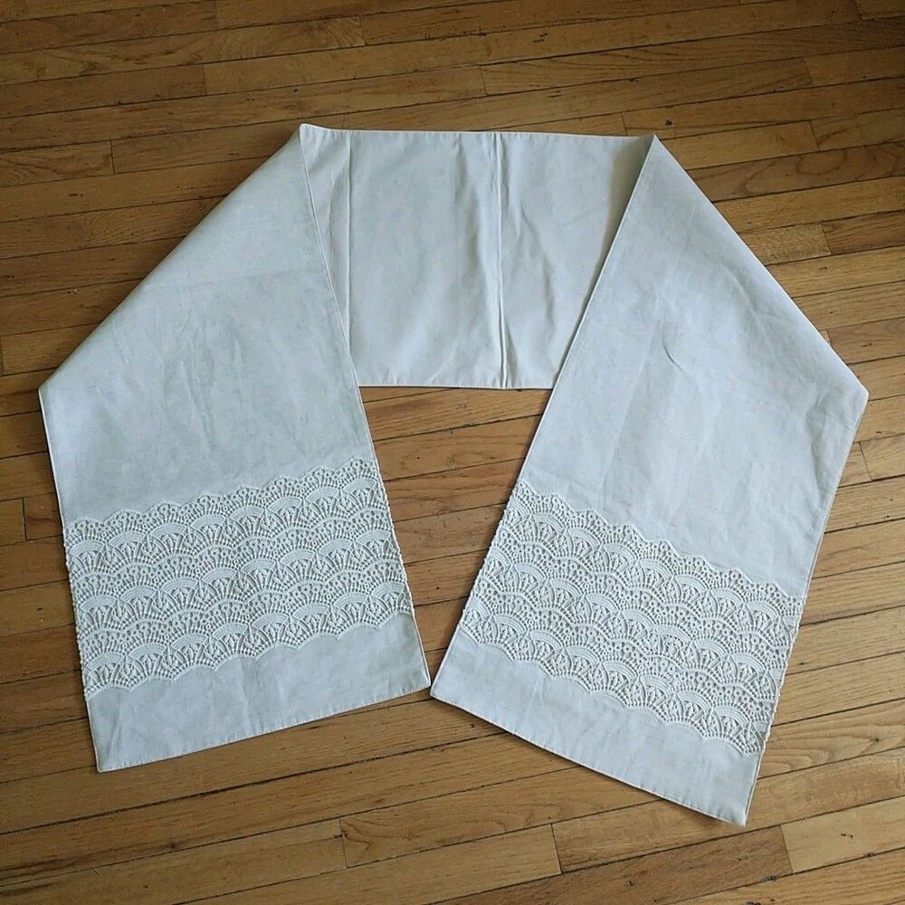 Shabby Chic TableRunner Natural Cotton Linen Blend Lace Crochet Lined 16x90"